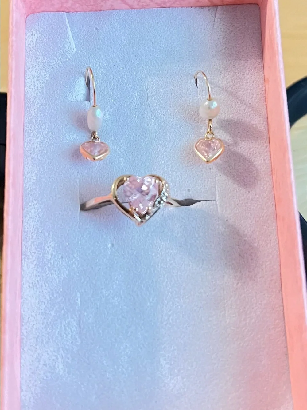10 k gold Pink Heart Crystal Ring with Pink Heart Drop Earrings PRICE IS FIRM